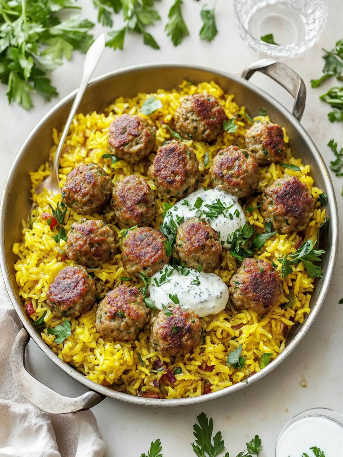 One-Pan Lamb Meatballs and Saffron Rice with Herby-Yogurt Bliss 3 One-Pan Lamb Meatballs and Saffron Rice with Herby-Yogurt Sauce