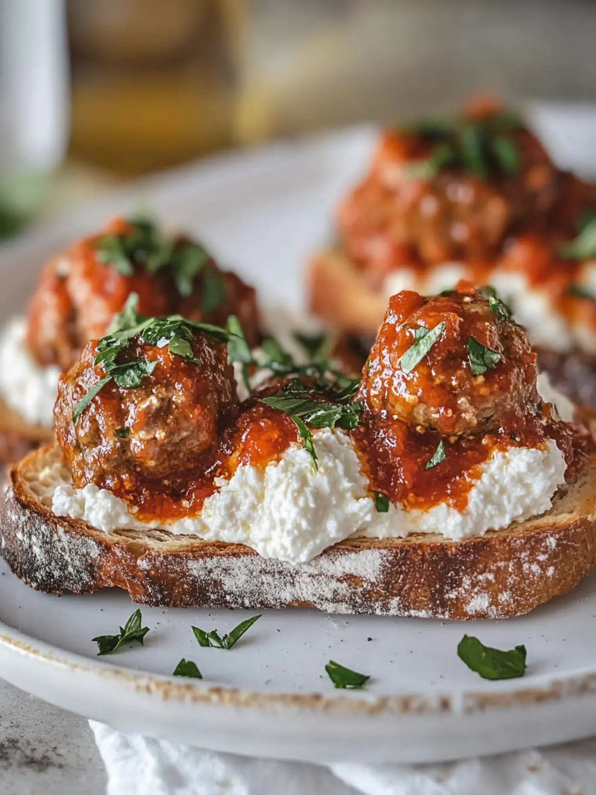 Savory Vodka Sauce Meatballs on Creamy Ricotta Toast 4 Vodka Sauce Meatballs on Ricotta Toast