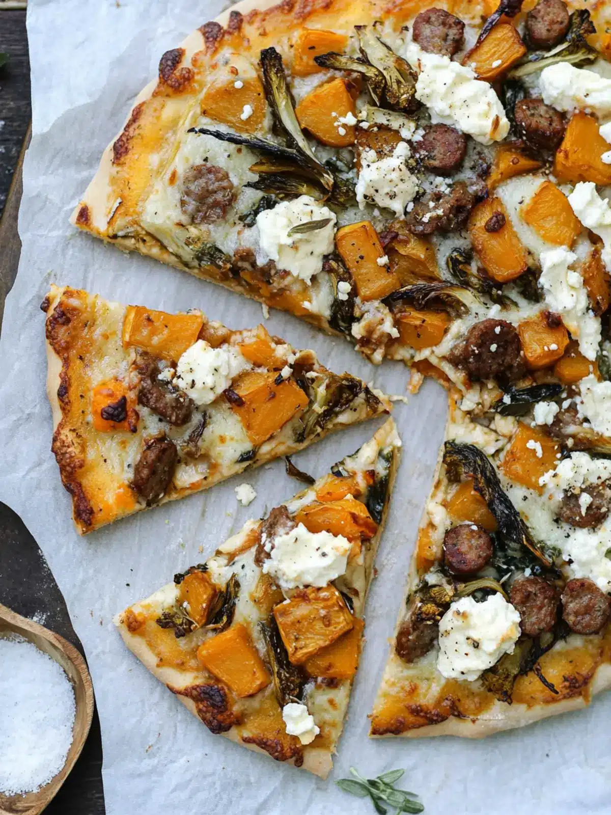 Butternut Squash Pizza with Brussels, Spicy Sausage & Ricotta 4 Butternut Squash, Brussels, Spicy Sausage, and Ricotta Pizza