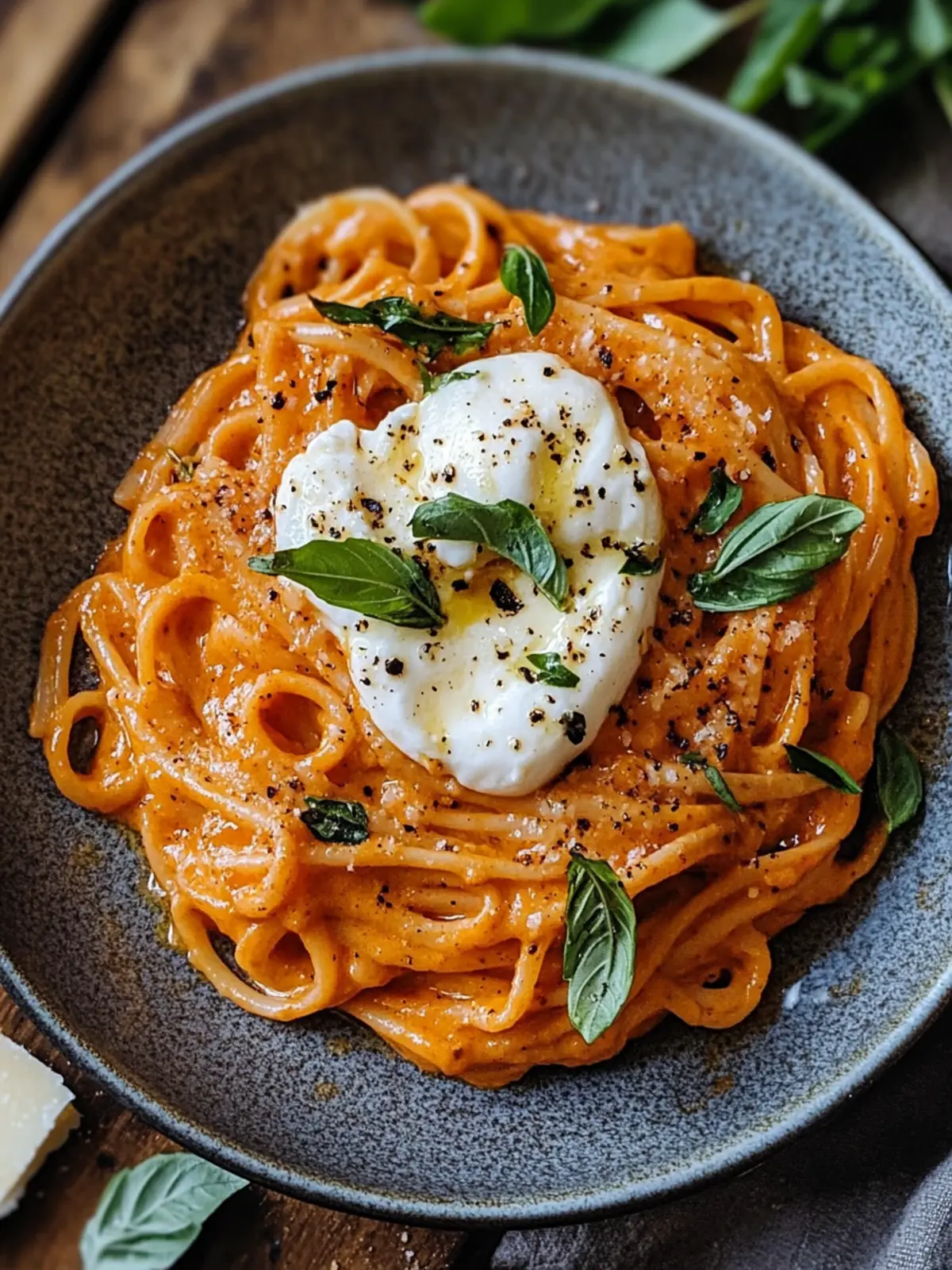 Creamy Red Pepper Pasta with Burrata & Fresh Herbs Bliss 4 Creamy Red Pepper Pasta with Burrata & Herbs