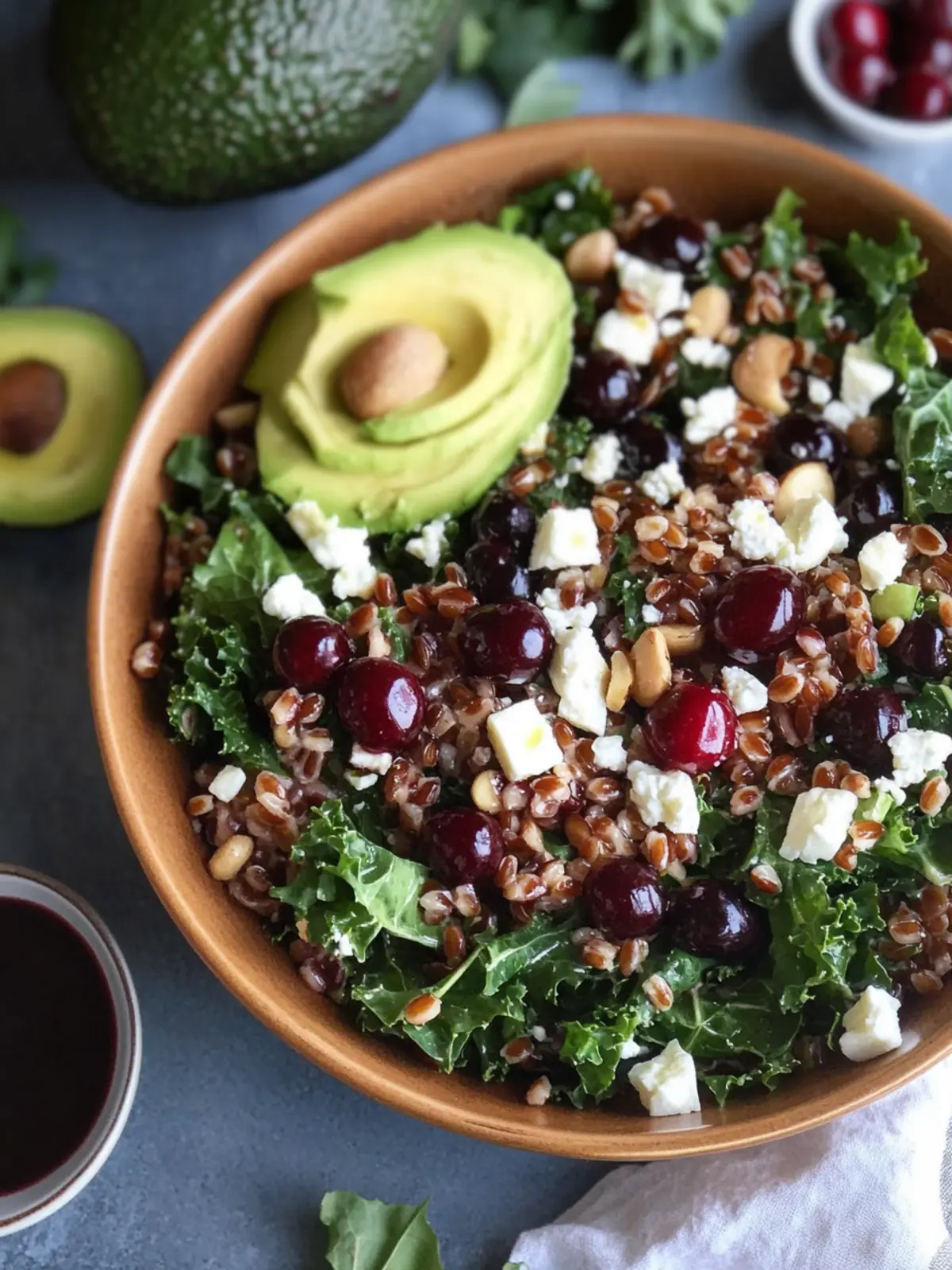 Savor This Cherry Kale Salad with Farro and Avocado Bliss 2 Cherry Kale Salad with Farro, Avocado, Feta, and Cherry Balsamic Vinaigrette