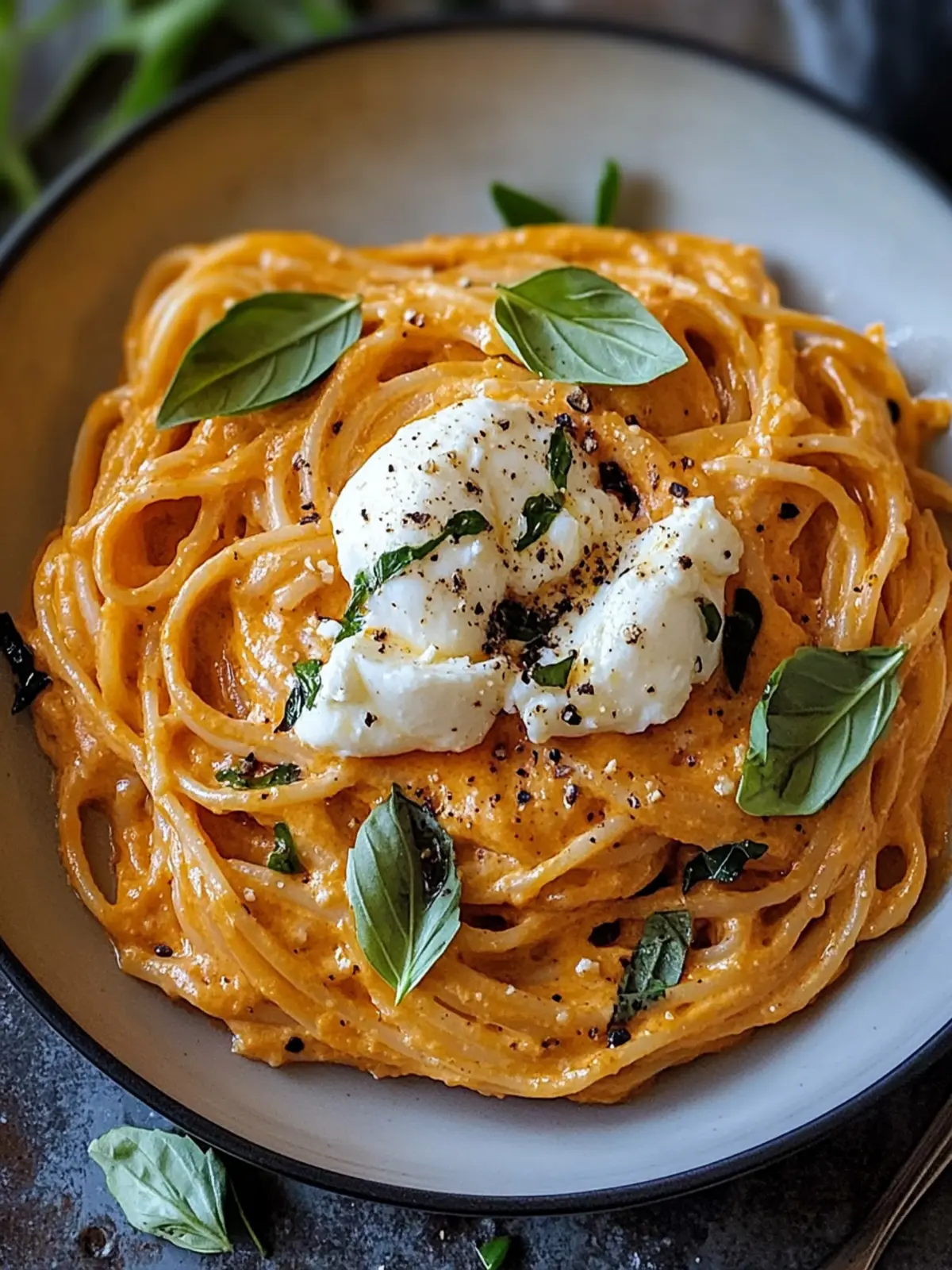 Creamy Red Pepper Pasta with Burrata & Fresh Herbs Bliss 2 Creamy Red Pepper Pasta with Burrata & Herbs
