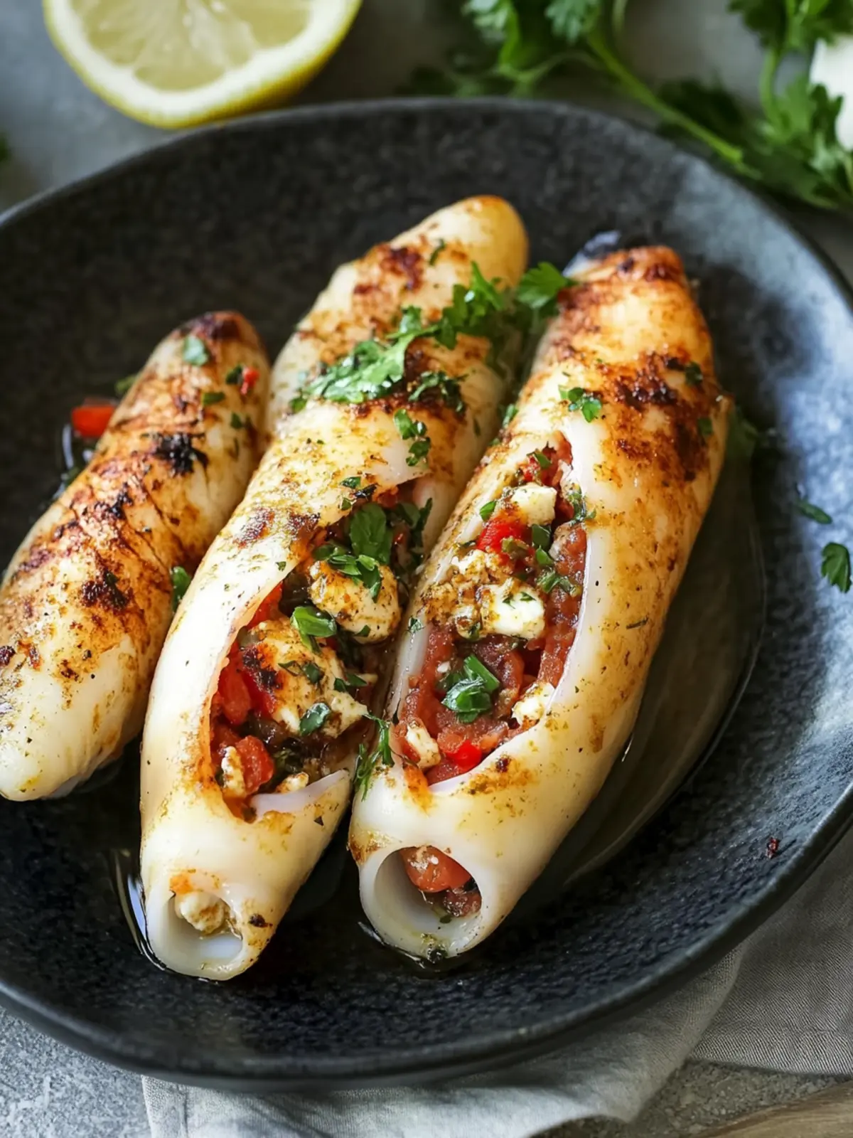 Irresistible Squid Stuffed with Feta, Parsley and Chorizo Delight 4 Squid stuffed with feta, parsley and chorizo