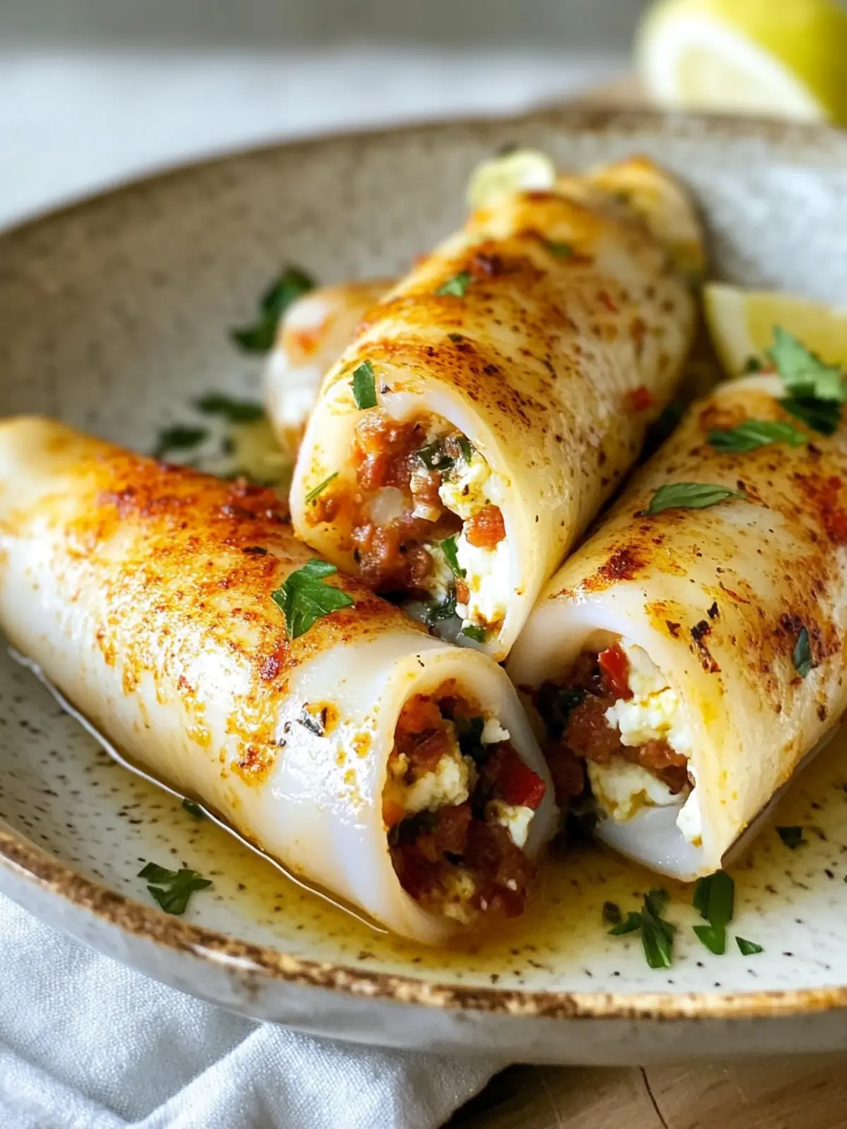 Irresistible Squid Stuffed with Feta, Parsley and Chorizo Delight 2 Squid stuffed with feta, parsley and chorizo