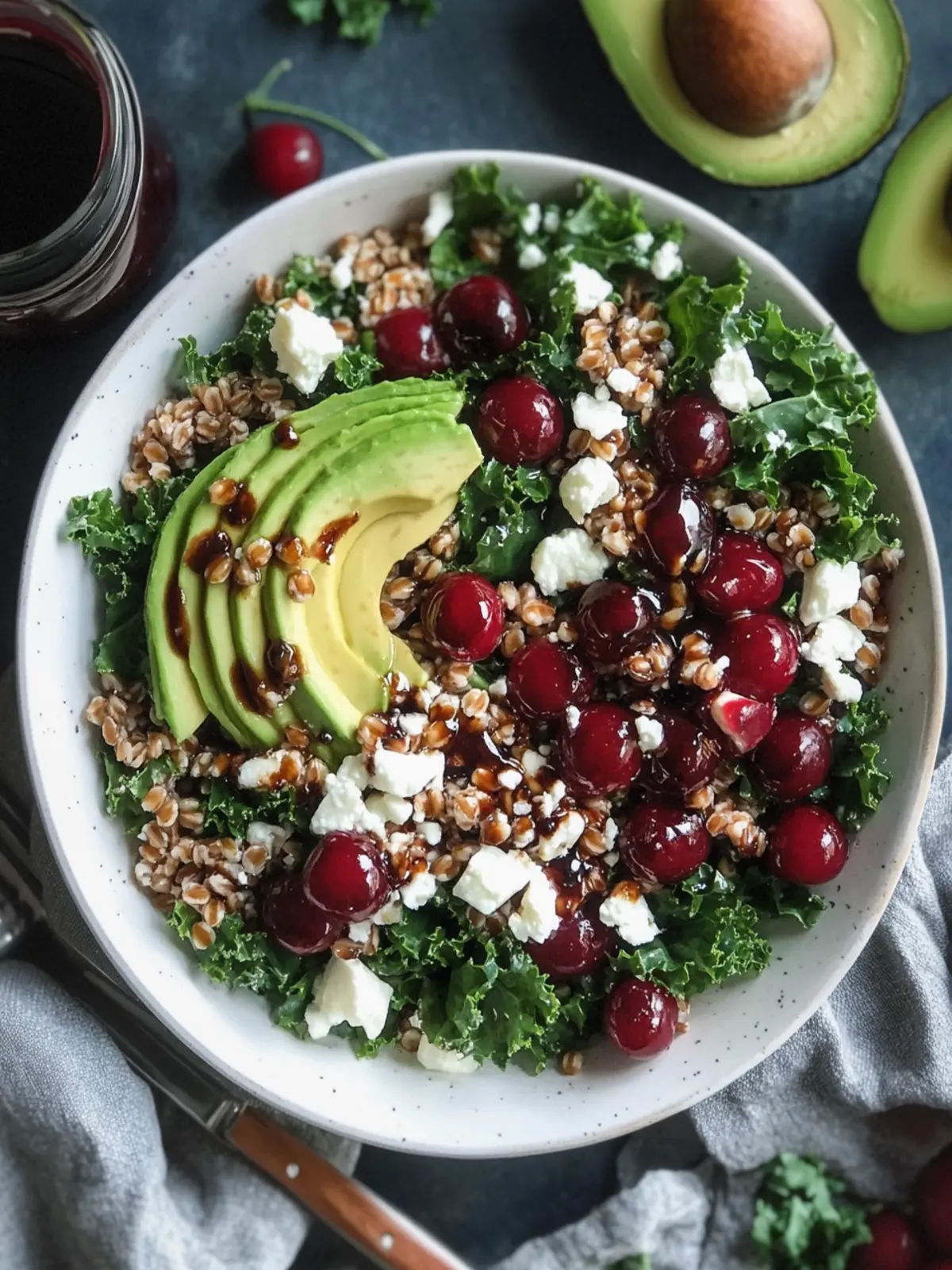 Savor This Cherry Kale Salad with Farro and Avocado Bliss 3 Cherry Kale Salad with Farro, Avocado, Feta, and Cherry Balsamic Vinaigrette