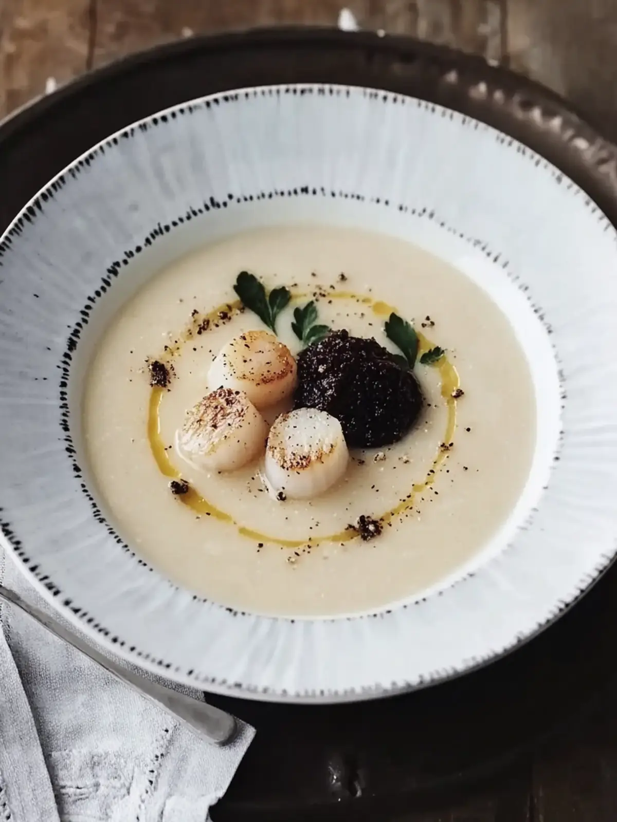 Delicious Celeriac Soup with Scallops & Black Pudding Bliss 2 Celeriac soup with scallops & black pudding