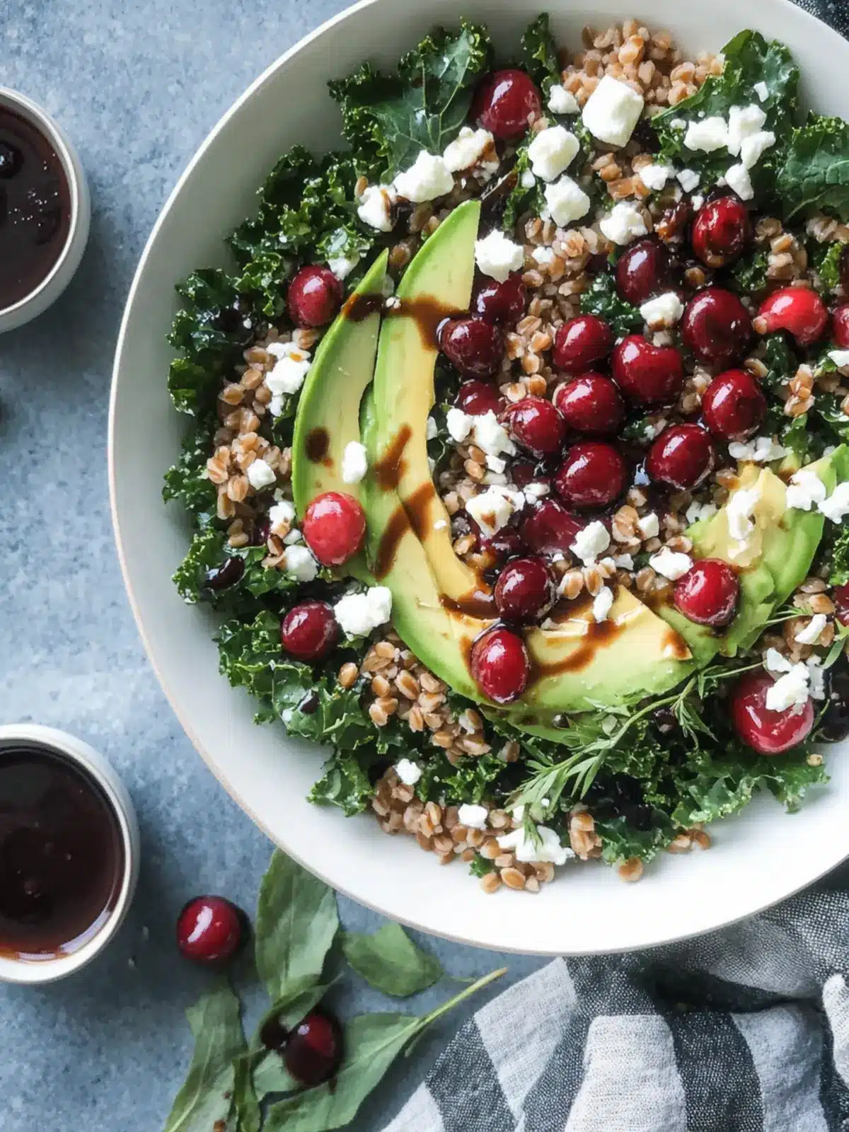 Savor This Cherry Kale Salad with Farro and Avocado Bliss 4 Cherry Kale Salad with Farro, Avocado, Feta, and Cherry Balsamic Vinaigrette