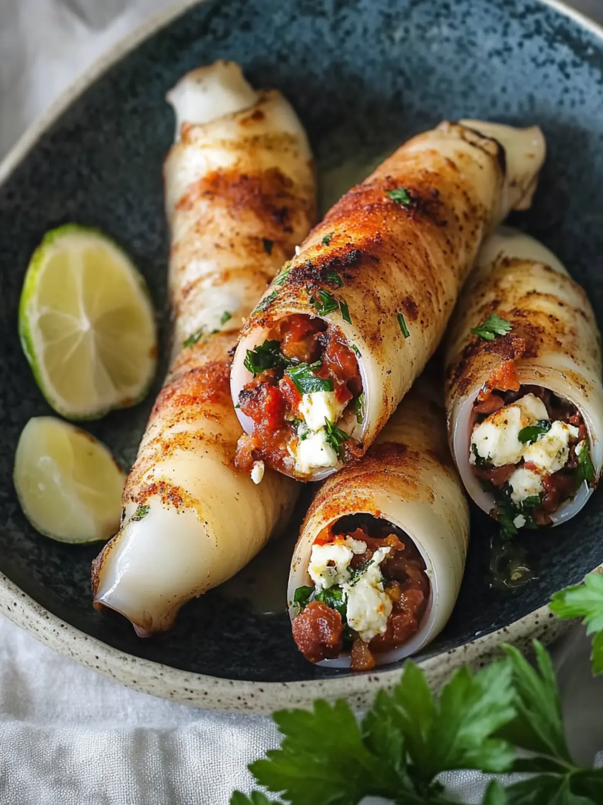 Irresistible Squid Stuffed with Feta, Parsley and Chorizo Delight 3 Squid stuffed with feta, parsley and chorizo