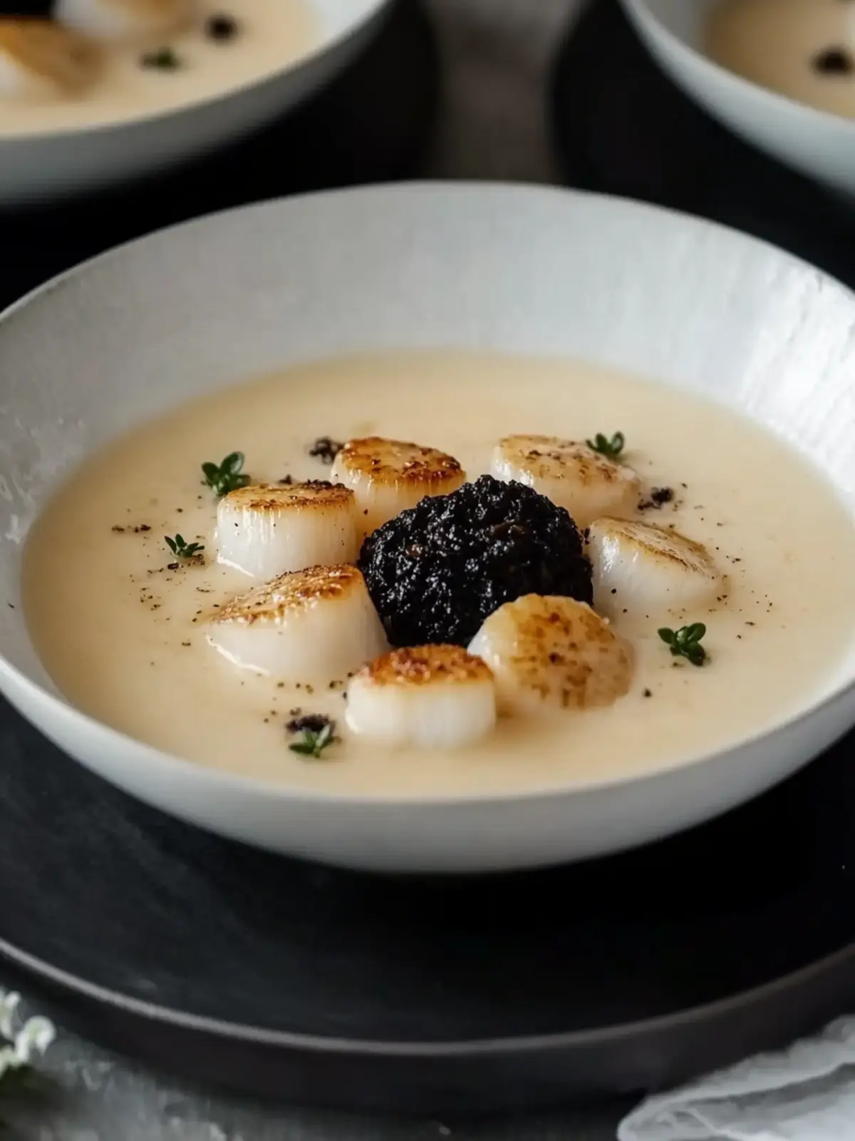Delicious Celeriac Soup with Scallops & Black Pudding Bliss 3 Celeriac soup with scallops & black pudding