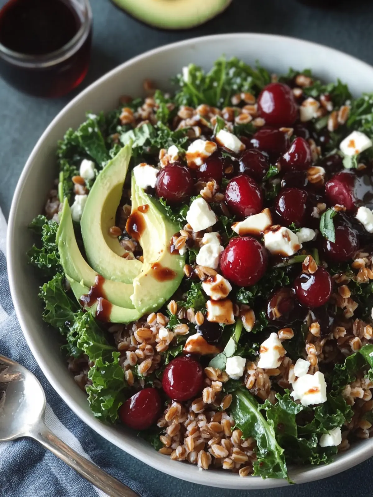 Savor This Cherry Kale Salad with Farro and Avocado Bliss 5 Cherry Kale Salad with Farro, Avocado, Feta, and Cherry Balsamic Vinaigrette