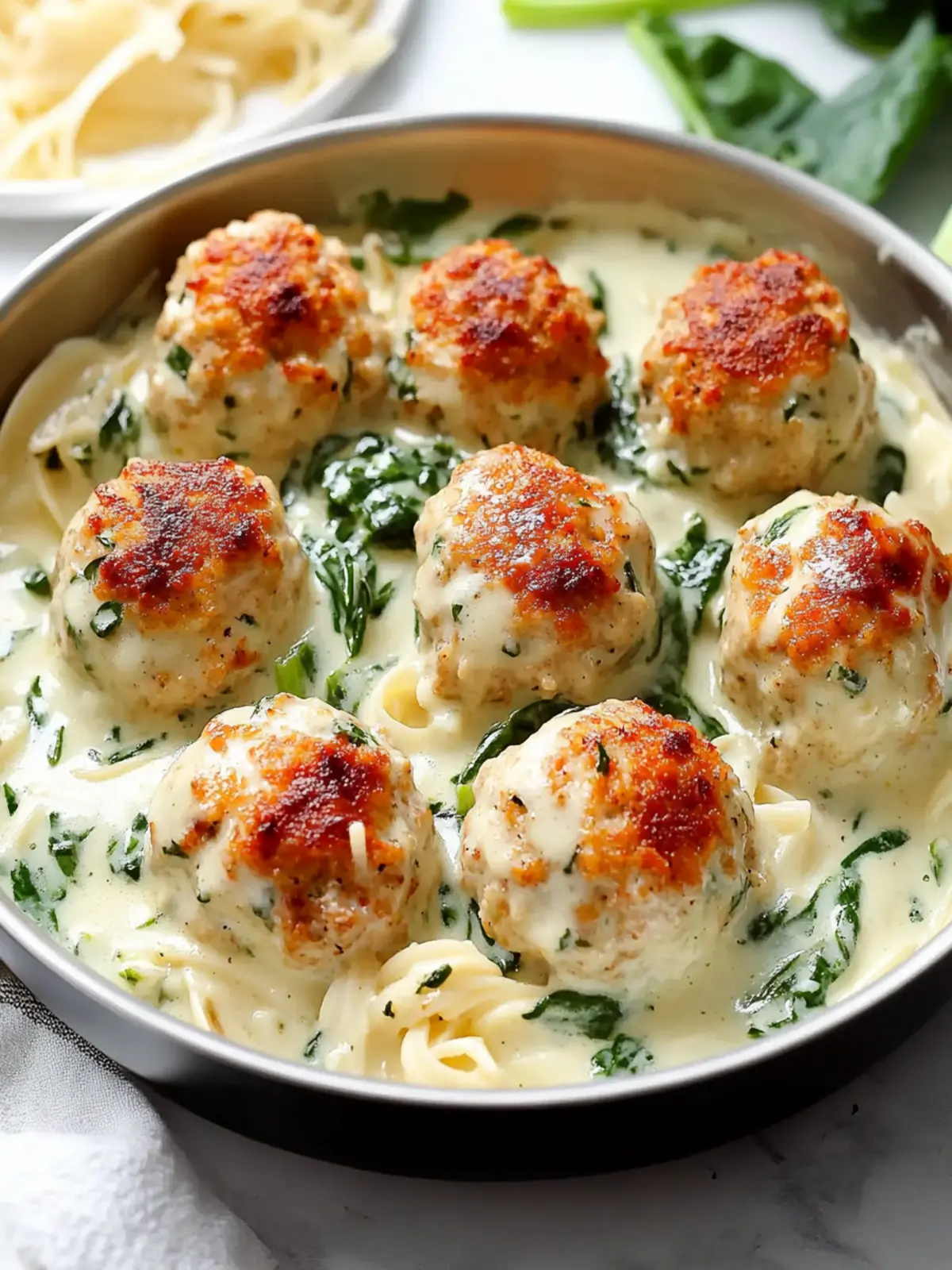 Baked Chicken Ricotta Meatballs with Spinach Alfredo Delight 3 Baked Chicken Ricotta Meatballs with Spinach Alfredo