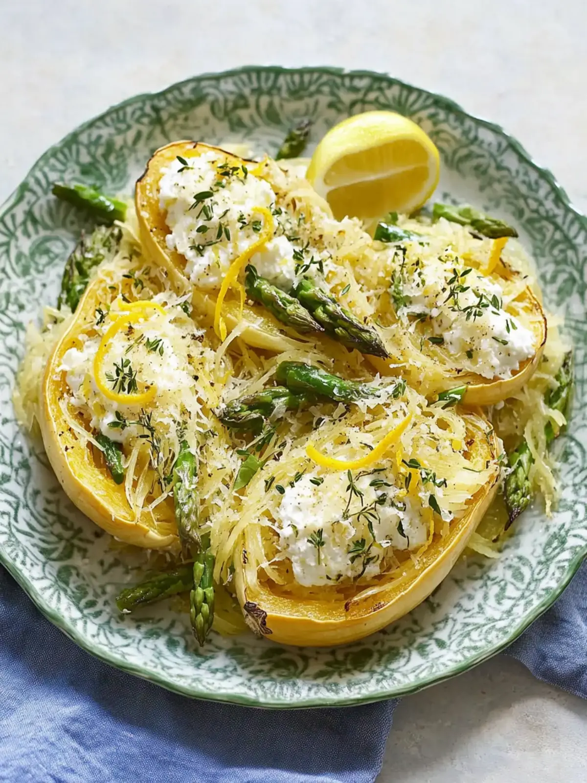 Spring Delight: Spaghetti Squash with Asparagus, Ricotta, Lemon, Thyme 2 Spaghetti Squash with Asparagus, Ricotta, Lemon, and Thyme