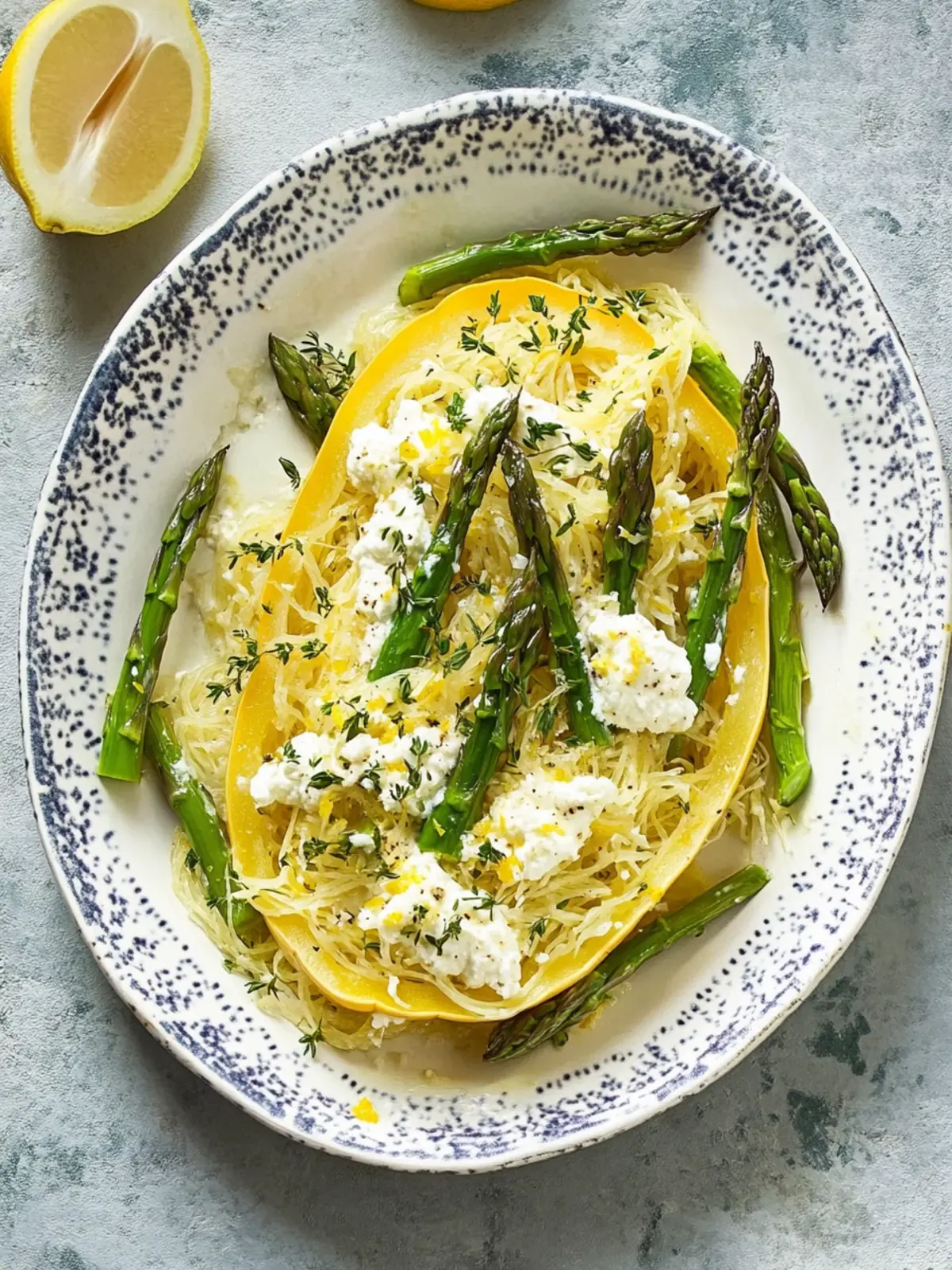 Spring Delight: Spaghetti Squash with Asparagus, Ricotta, Lemon, Thyme 3 Spaghetti Squash with Asparagus, Ricotta, Lemon, and Thyme