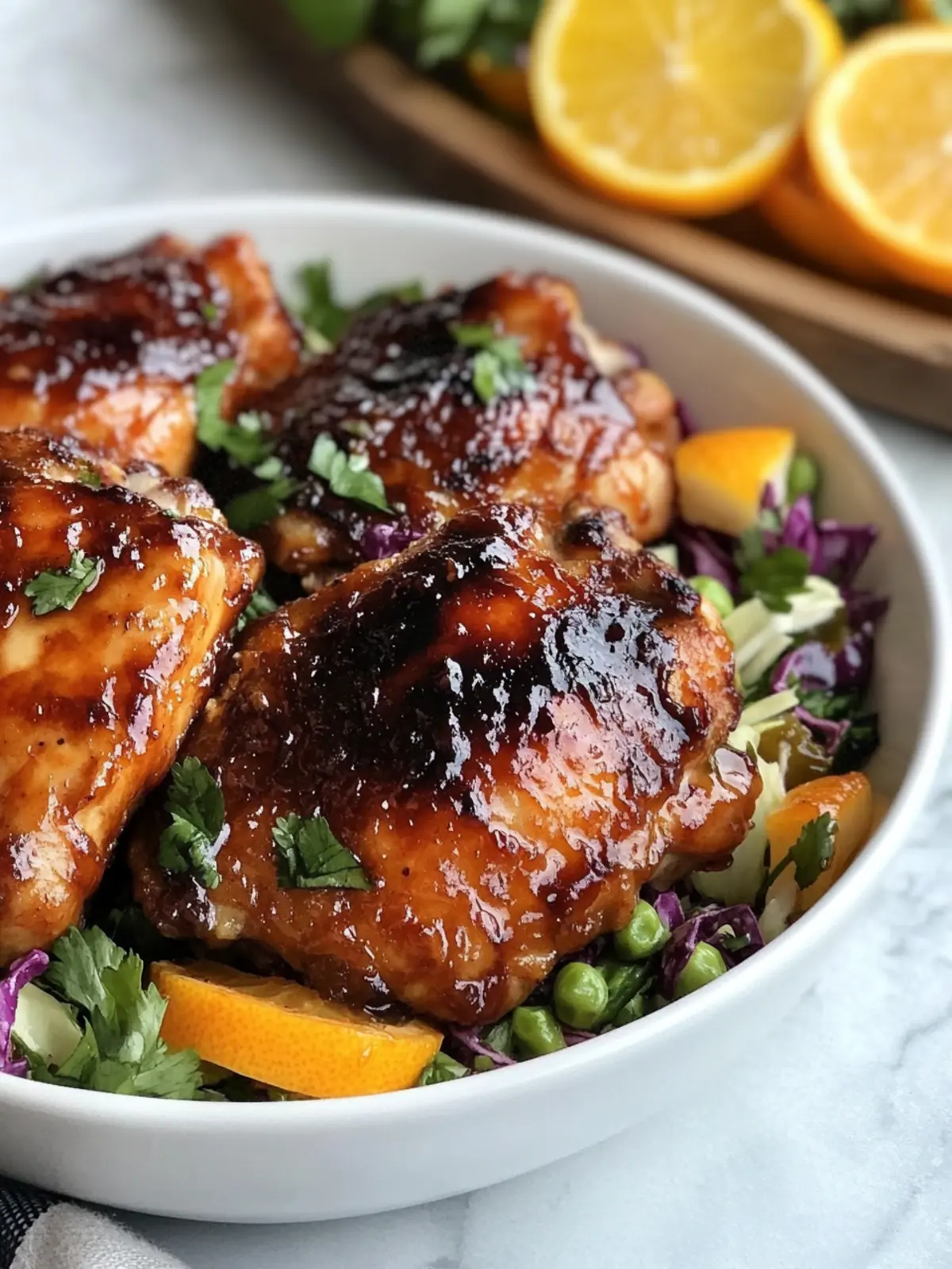 Spice Up Dinner with Hot Honey BBQ Chicken Thighs & Slaw 2 Hot Honey BBQ Chicken Thighs with Citrus Slaw Salad
