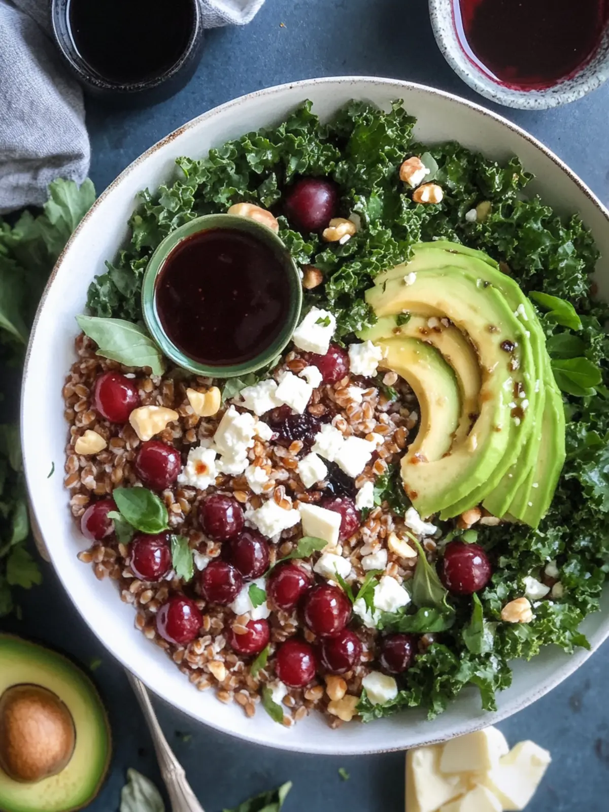 Cherry Kale Salad with Farro: A Fresh Delight with Feta 4 Cherry Kale Salad with Farro, Avocado, Feta, and Cherry Balsamic Vinaigrette