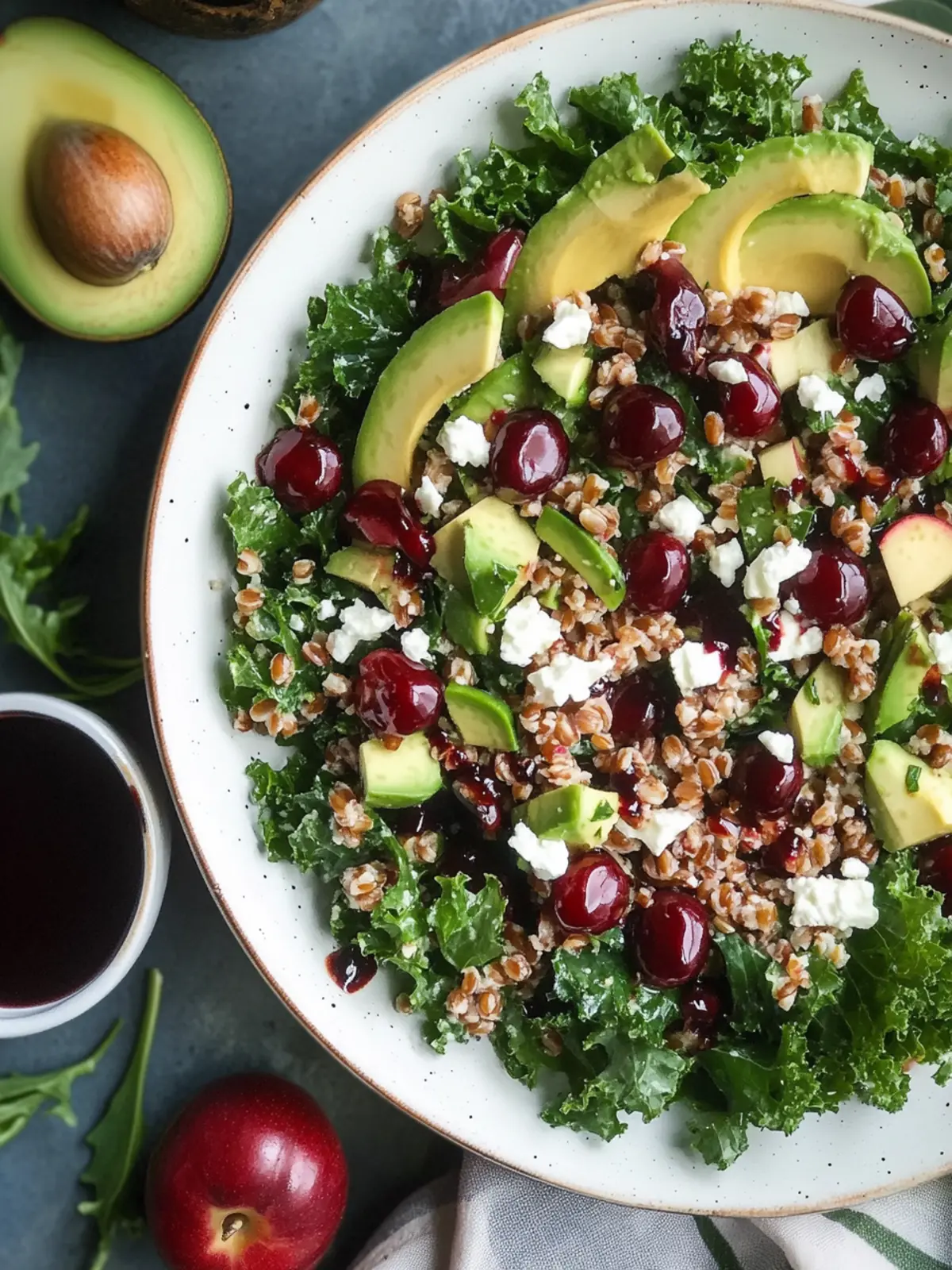 Cherry Kale Salad with Farro: A Fresh Delight with Feta 2 Cherry Kale Salad with Farro, Avocado, Feta, and Cherry Balsamic Vinaigrette
