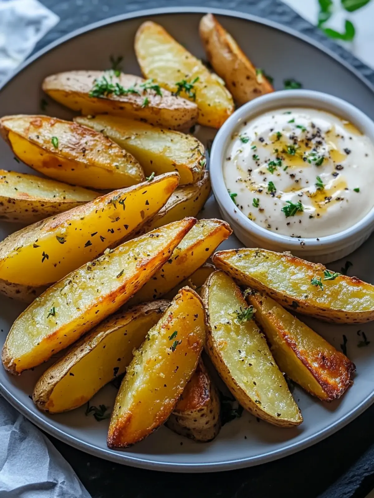 Crispy Lemon Herb Potato Wedges with Garlic Dip Recipe Bliss 2 Crispy Lemon Herb Potato Wedges with Garlic Dip Recipe