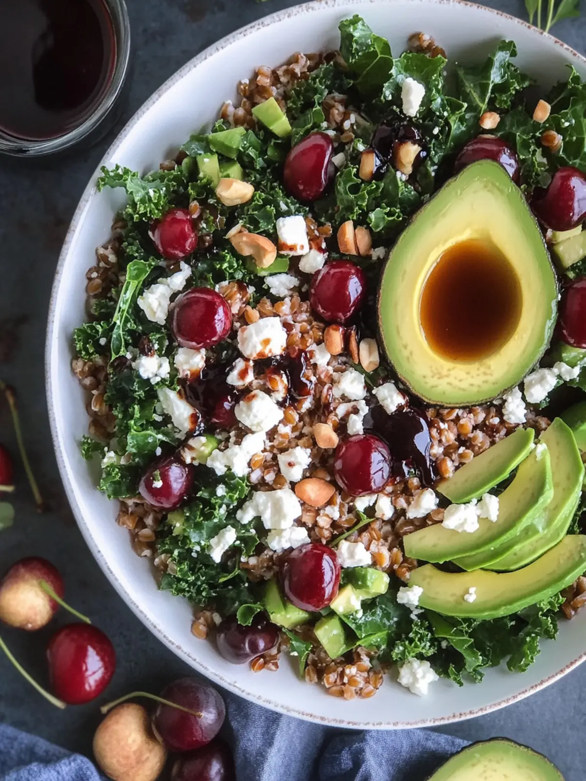Cherry Kale Salad with Farro: A Fresh Delight with Feta 3 Cherry Kale Salad with Farro, Avocado, Feta, and Cherry Balsamic Vinaigrette