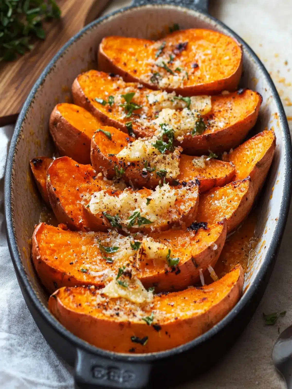Savory Roasted Sweet Potatoes with Garlic and Parmesan Delight 5 Roasted Sweet Potatoes with garlic and Parmesan