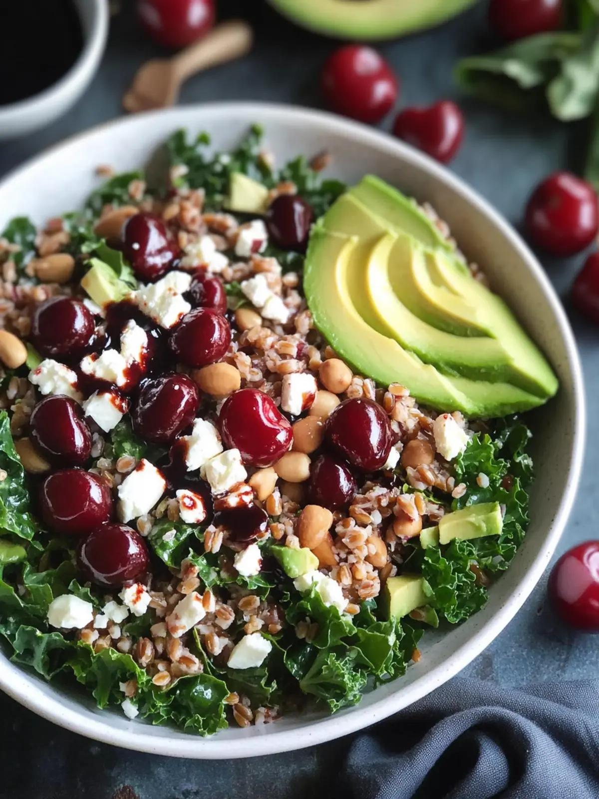 Cherry Kale Salad with Farro: A Fresh Delight with Feta 5 Cherry Kale Salad with Farro, Avocado, Feta, and Cherry Balsamic Vinaigrette