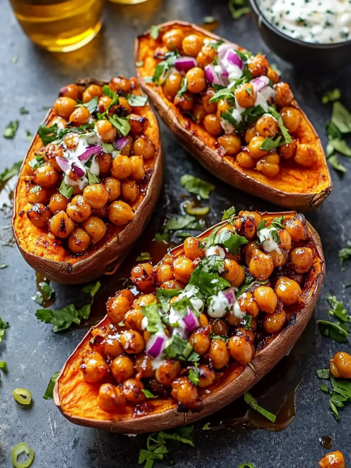 Savor Loaded Sweet Potato Boats with Crispy Chickpeas & Hot Honey 4 Loaded Sweet Potato Boats with Crispy Chickpeas & Hot Honey