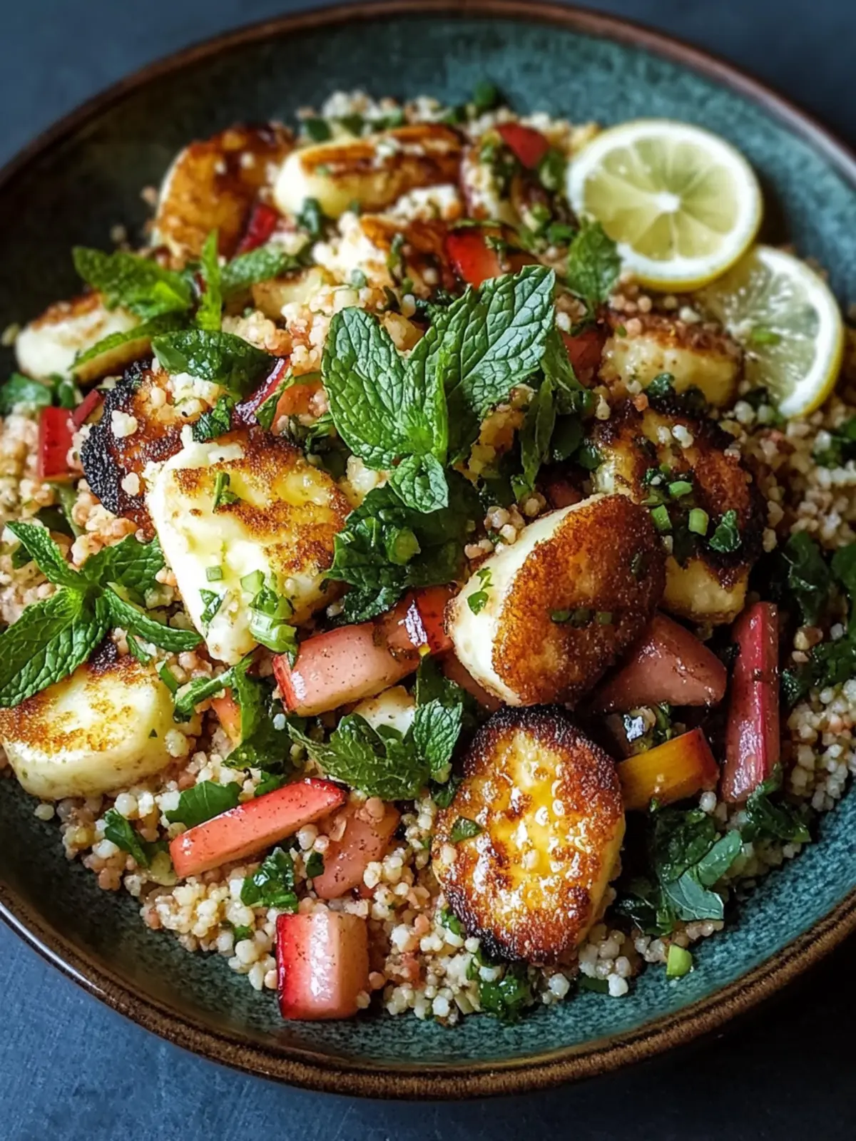Delightful Halloumi & Rhubarb Couscous Salad with Mint-Lemon Dressing 2 Halloumi & Rhubarb Couscous Salad with Mint-Lemon Dressing