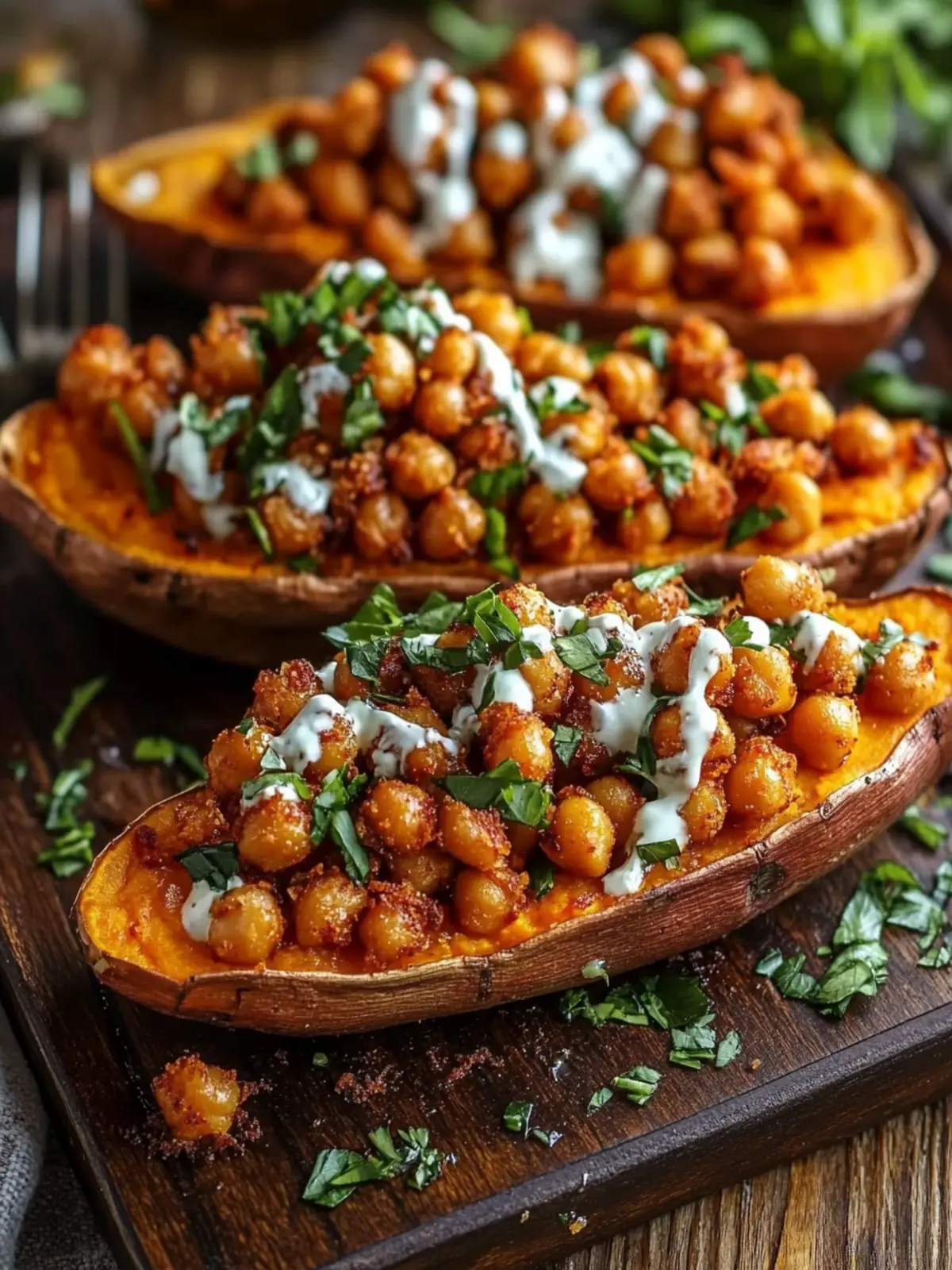 Savor Loaded Sweet Potato Boats with Crispy Chickpeas & Hot Honey 2 Loaded Sweet Potato Boats with Crispy Chickpeas & Hot Honey