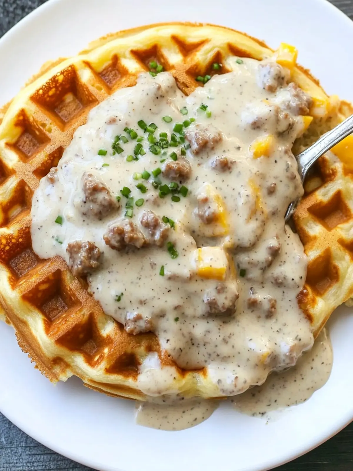 Cheddar Chive Waffles with Sausage Gravy for Cozy Mornings 2 Cheddar Chive Waffles with Sausage Gravy