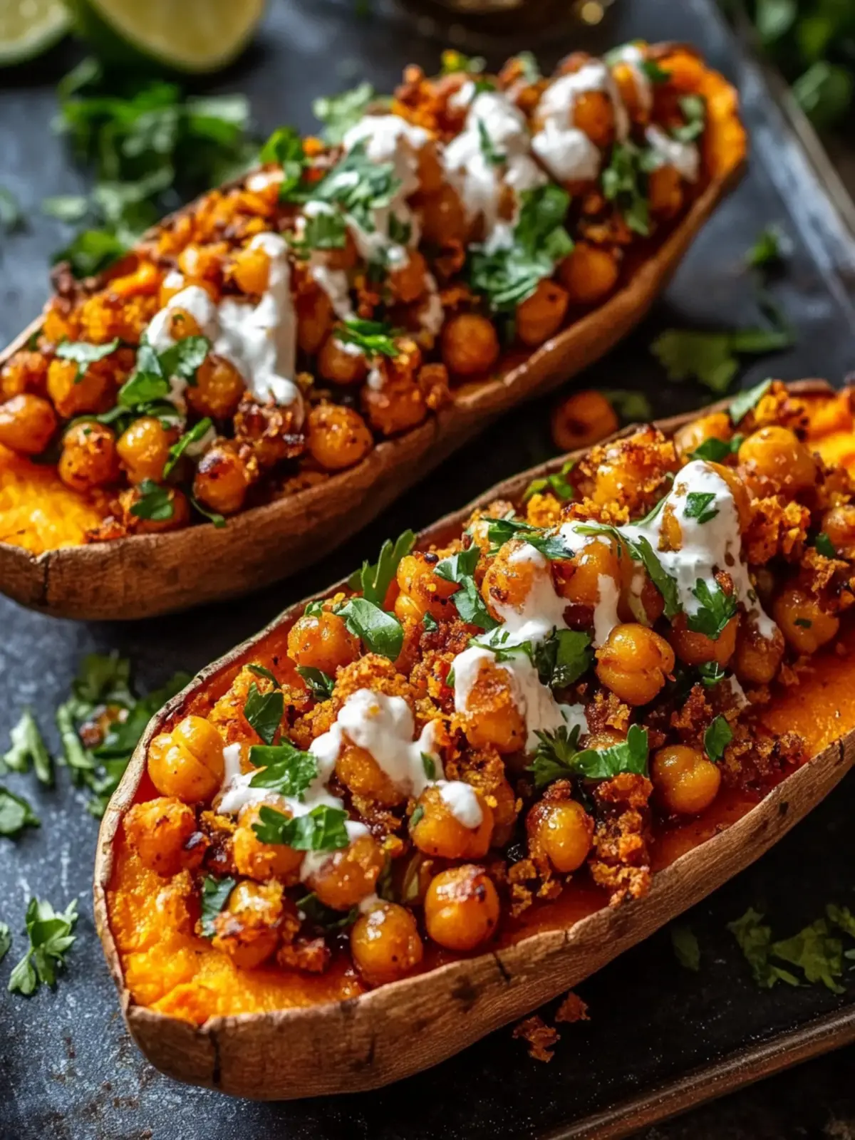 Savor Loaded Sweet Potato Boats with Crispy Chickpeas & Hot Honey 5 Loaded Sweet Potato Boats with Crispy Chickpeas & Hot Honey