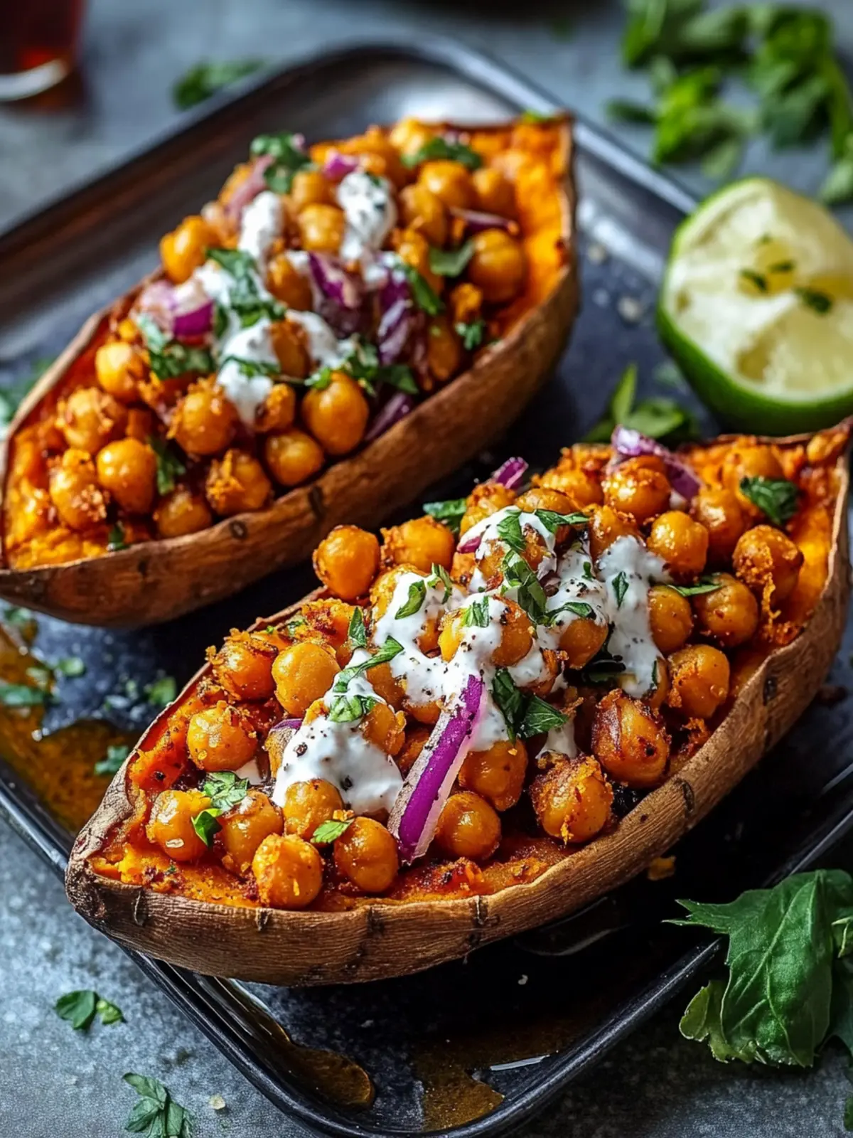 Savor Loaded Sweet Potato Boats with Crispy Chickpeas & Hot Honey 3 Loaded Sweet Potato Boats with Crispy Chickpeas & Hot Honey