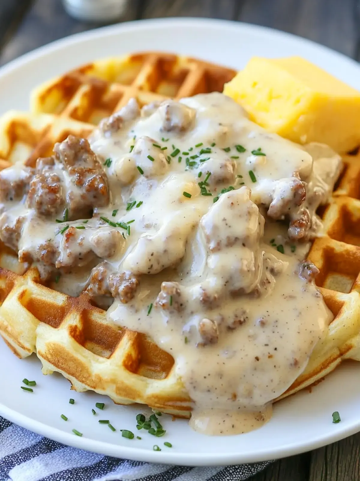 Cheddar Chive Waffles with Sausage Gravy for Cozy Mornings 4 Cheddar Chive Waffles with Sausage Gravy