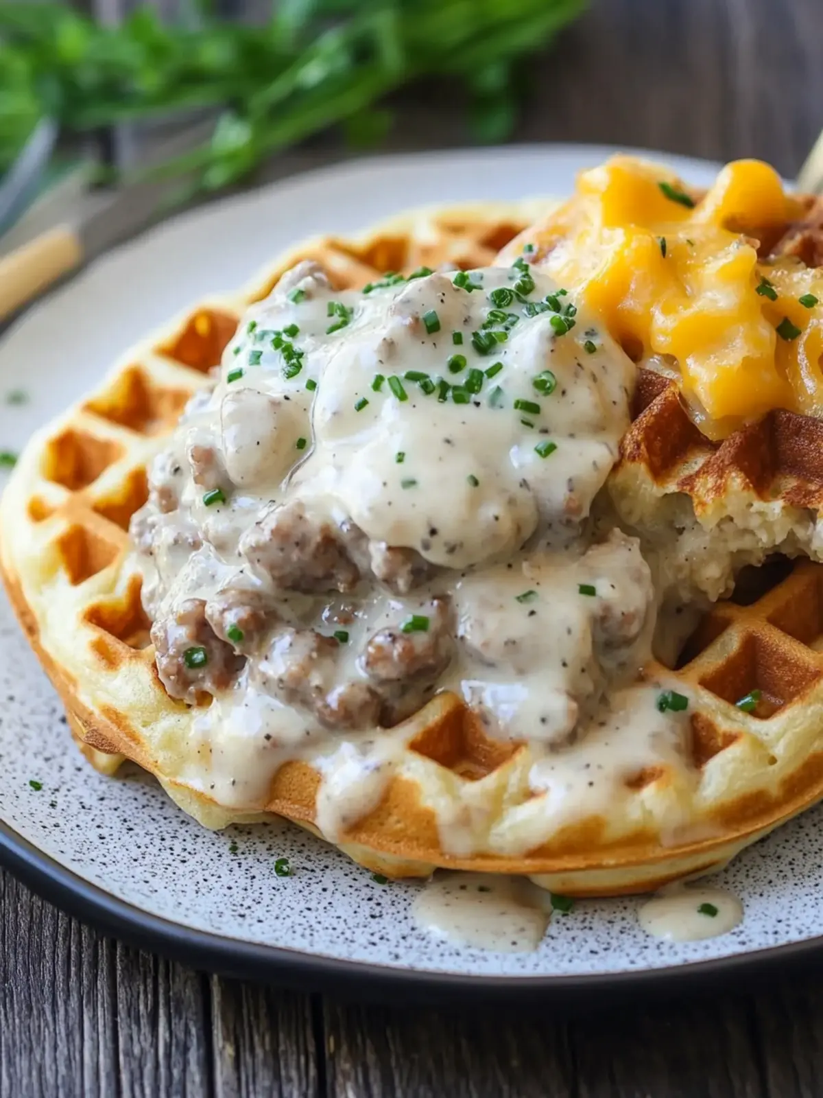 Cheddar Chive Waffles with Sausage Gravy for Cozy Mornings 5 Cheddar Chive Waffles with Sausage Gravy