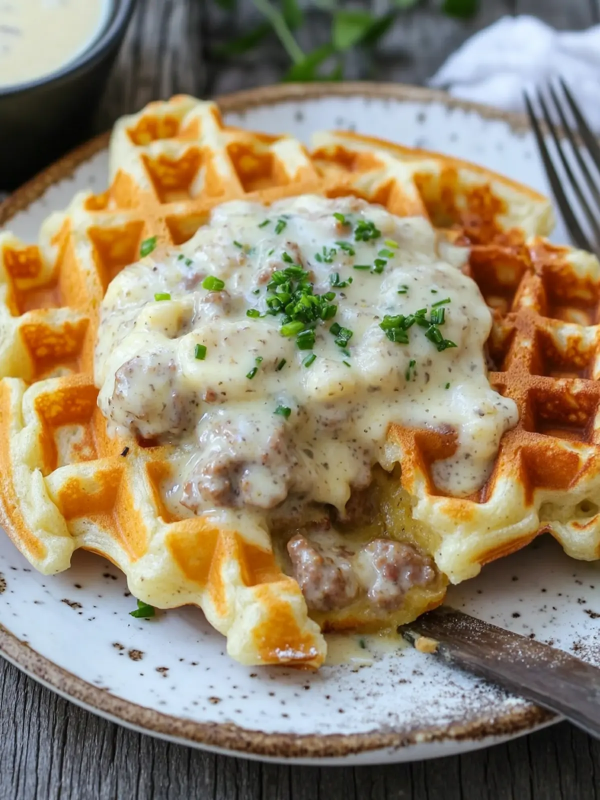 Cheddar Chive Waffles with Sausage Gravy for Cozy Mornings 3 Cheddar Chive Waffles with Sausage Gravy