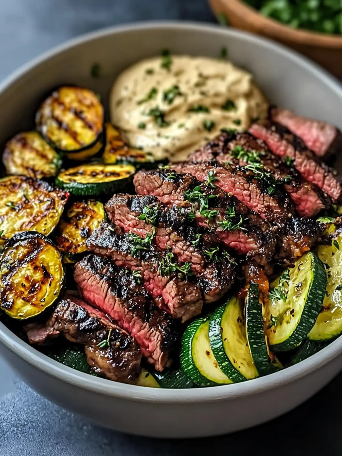 Grilled Steak Bowl with Sauce & Grilled Zucchini Bliss Awaits 2 Grilled Steak Bowl with Sauce & Grilled Zucchini Bliss