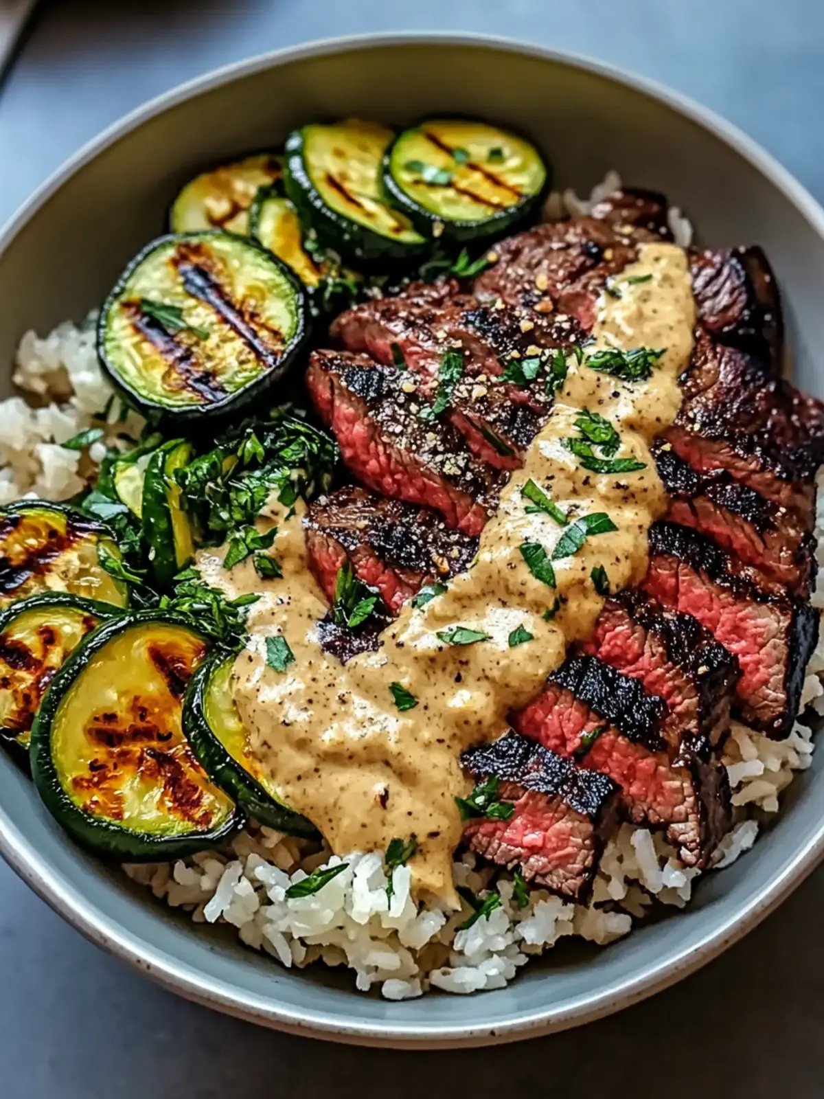 Grilled Steak Bowl with Sauce & Grilled Zucchini Bliss Awaits 3 Grilled Steak Bowl with Sauce & Grilled Zucchini Bliss