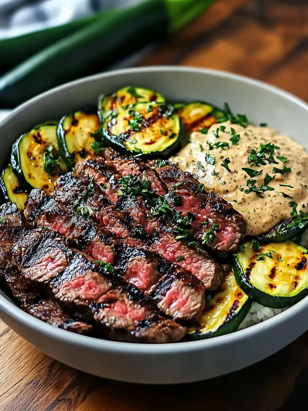 Grilled Steak Bowl with Sauce & Grilled Zucchini Bliss Awaits 4 Grilled Steak Bowl with Sauce & Grilled Zucchini Bliss