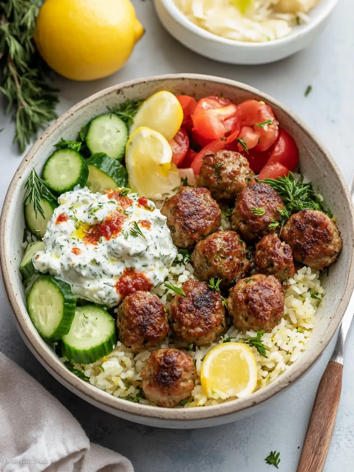 Gyro Bowls: Savory Meatballs with Tzatziki & Fresh Salad 2 Gyro Bowls (Meatballs with Tzatziki, Lemon Rice, and Cucumber Salad)