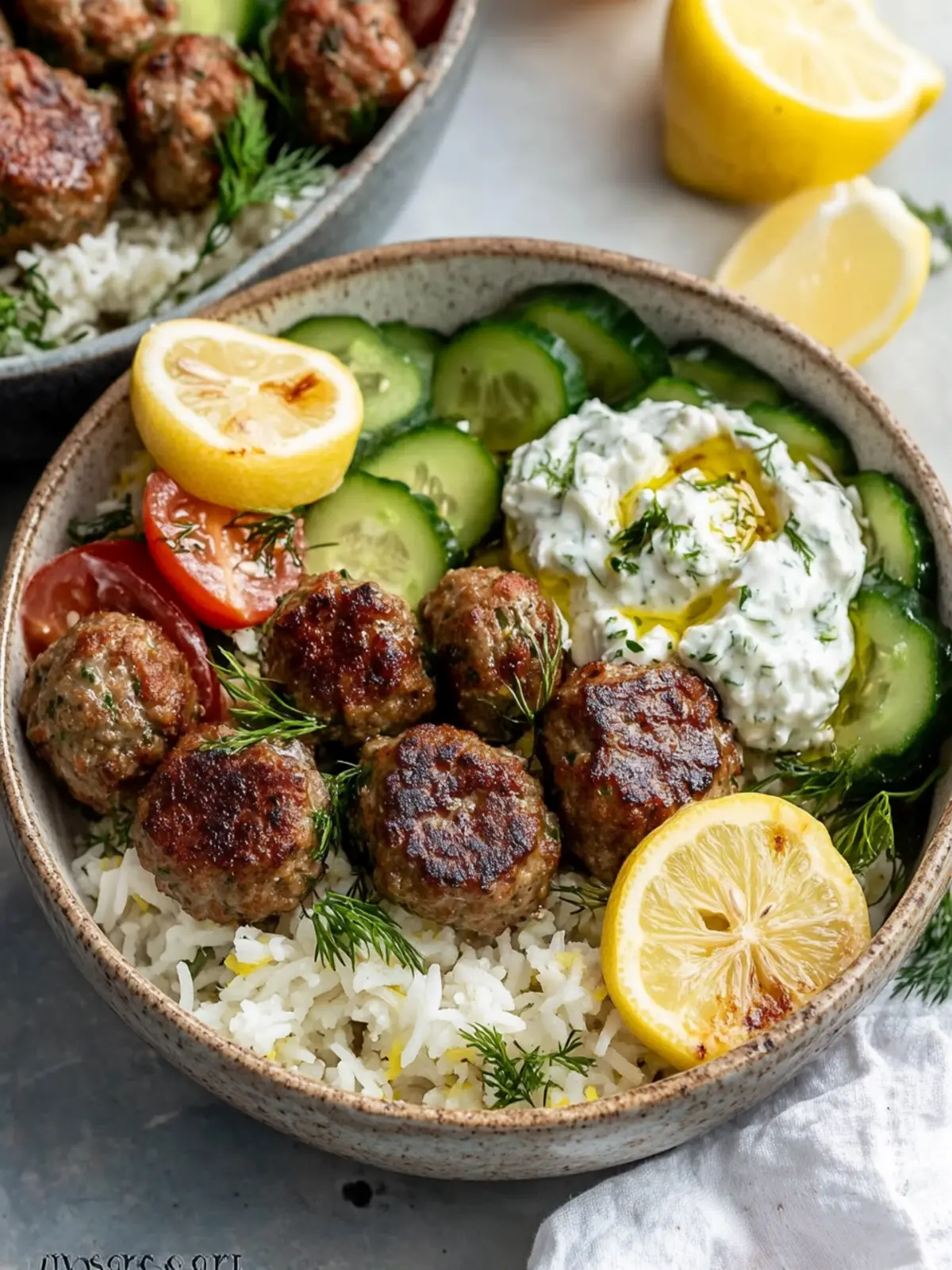 Gyro Bowls: Savory Meatballs with Tzatziki & Fresh Salad 4 Gyro Bowls (Meatballs with Tzatziki, Lemon Rice, and Cucumber Salad)