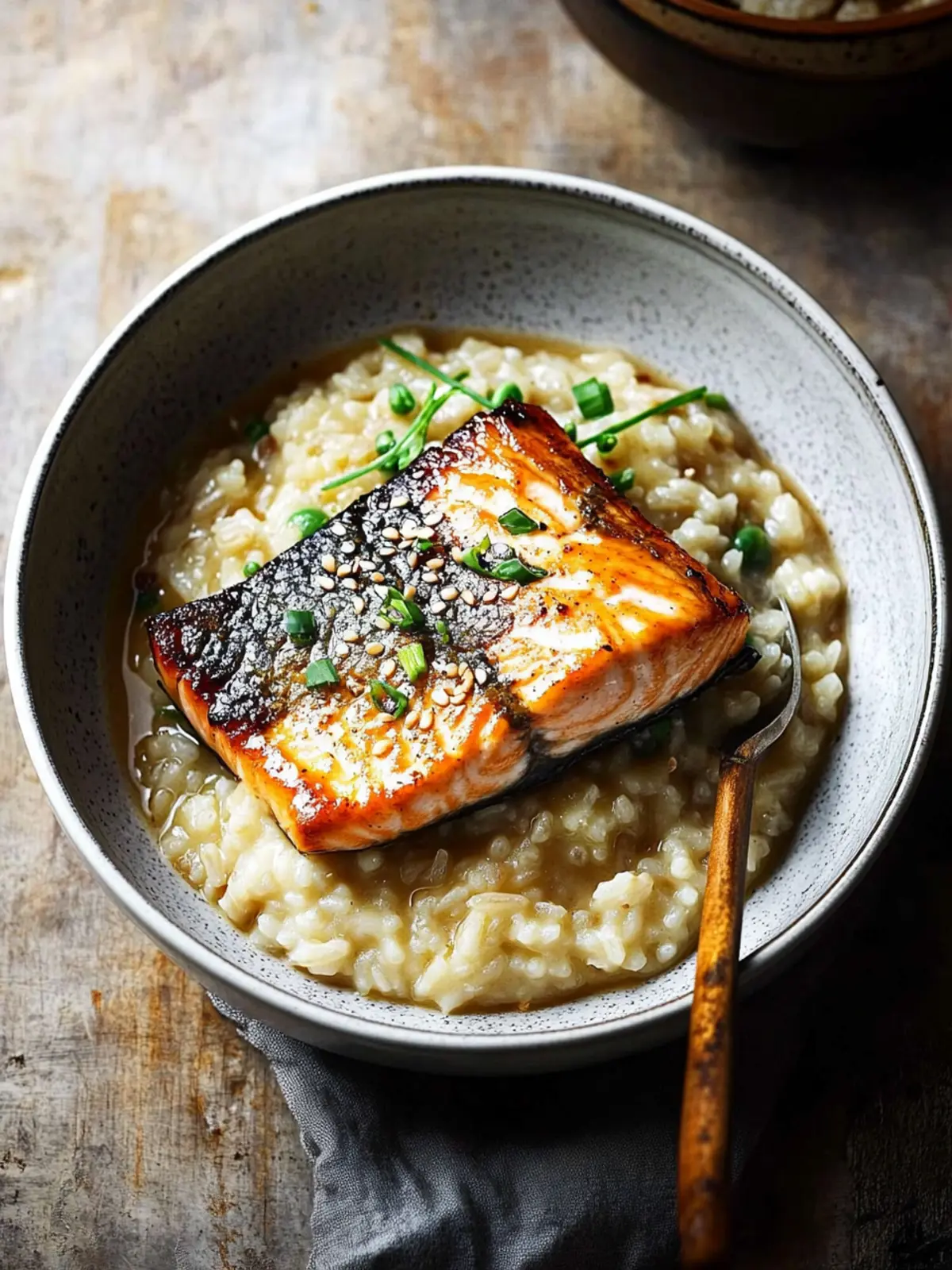 Savor Japanese Style Risotto with Seared Salmon Tonight! 2 Japanese Style Risotto with Seared Salmon