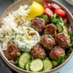 Gyro Bowls: Savory Meatballs with Tzatziki & Fresh Salad 3 Gyro Bowls (Meatballs with Tzatziki, Lemon Rice, and Cucumber Salad)