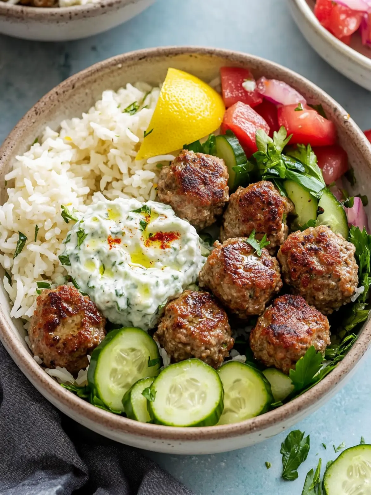 Gyro Bowls: Savory Meatballs with Tzatziki & Fresh Salad 5 Gyro Bowls (Meatballs with Tzatziki, Lemon Rice, and Cucumber Salad)