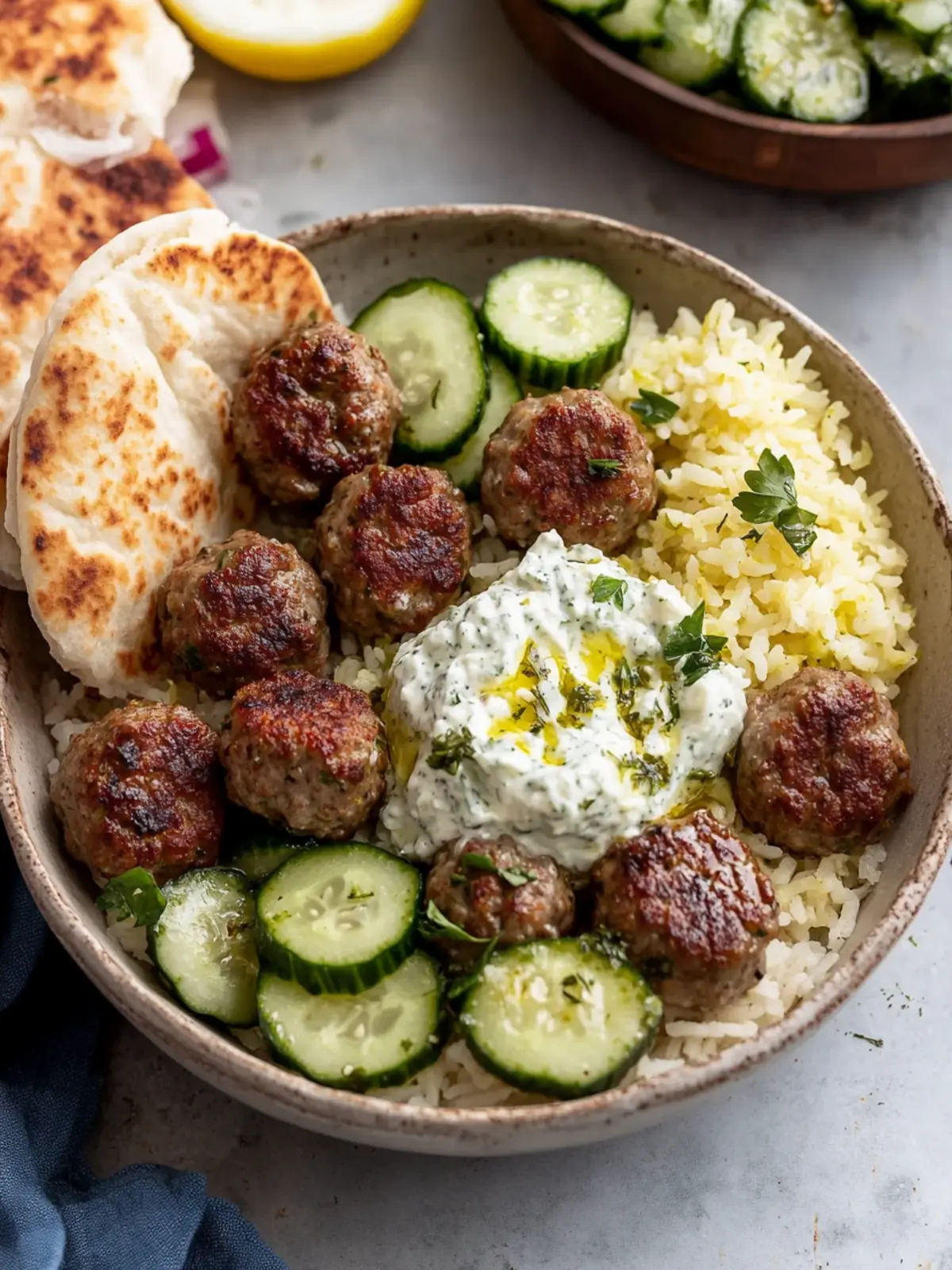 Gyro Bowls: Savory Meatballs with Tzatziki & Fresh Salad 3 Gyro Bowls (Meatballs with Tzatziki, Lemon Rice, and Cucumber Salad)