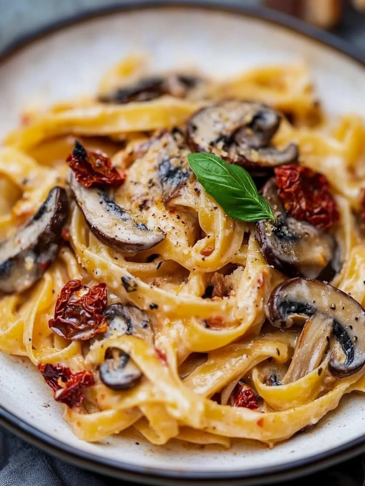 Savory Sun-Dried Tomato and Mushroom Pasta in Creamy Garlic Basil Sauce 3 Sun dried tomato and mushroom pasta in a garlic and basil sauce