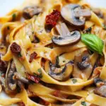 Savory Sun-Dried Tomato and Mushroom Pasta in Creamy Garlic Basil Sauce 8 Sun dried tomato and mushroom pasta in a garlic and basil sauce