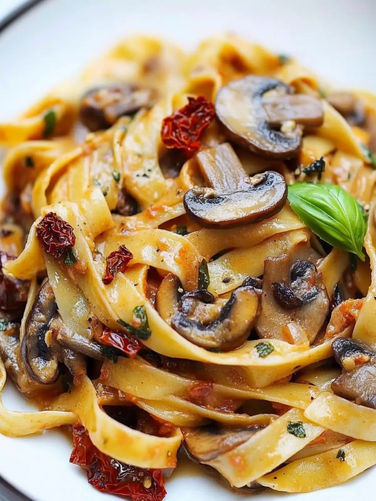 Savory Sun-Dried Tomato and Mushroom Pasta in Creamy Garlic Basil Sauce 5 Sun dried tomato and mushroom pasta in a garlic and basil sauce