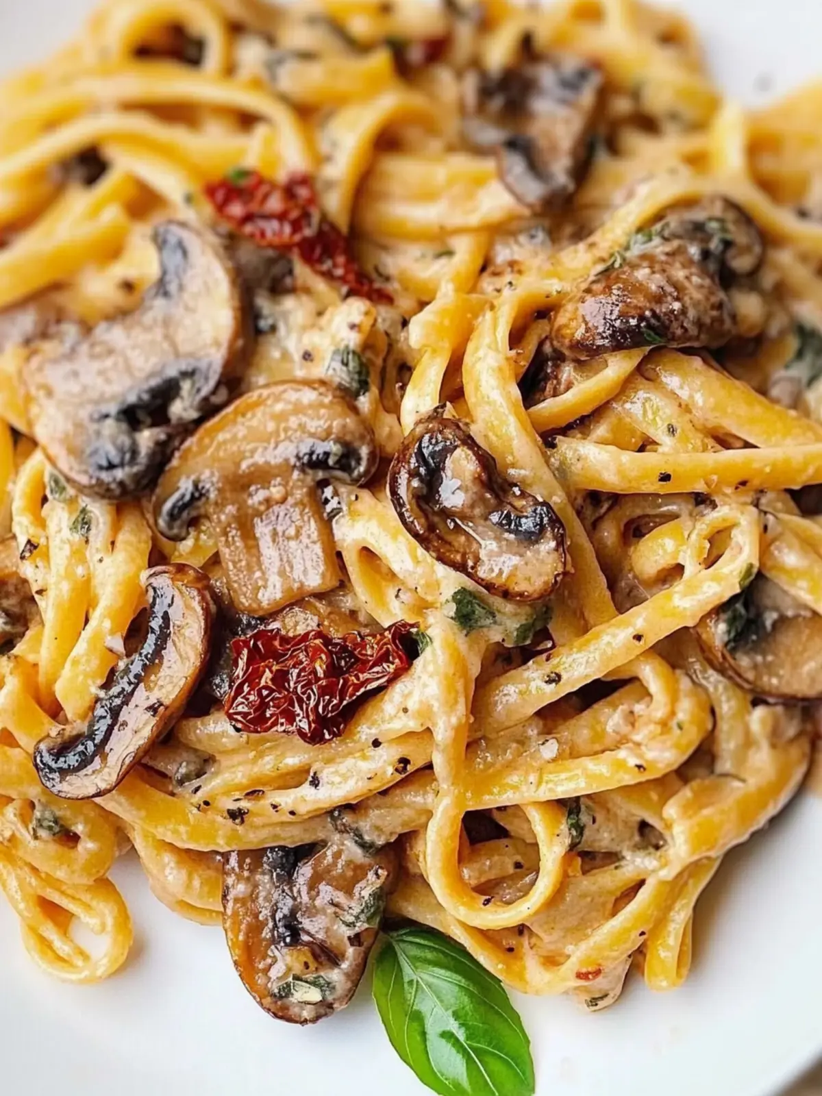 Savory Sun-Dried Tomato and Mushroom Pasta in Creamy Garlic Basil Sauce 2 Sun dried tomato and mushroom pasta in a garlic and basil sauce