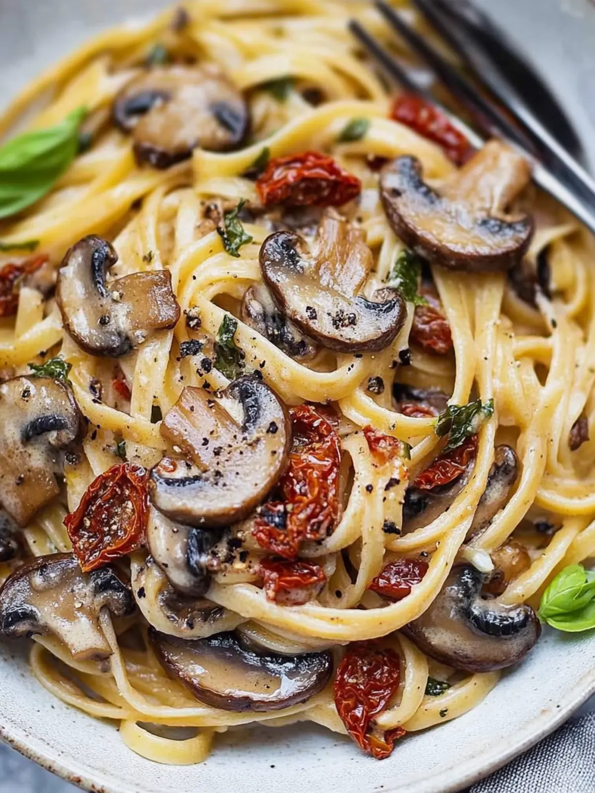 Savory Sun-Dried Tomato and Mushroom Pasta in Creamy Garlic Basil Sauce 4 Sun dried tomato and mushroom pasta in a garlic and basil sauce