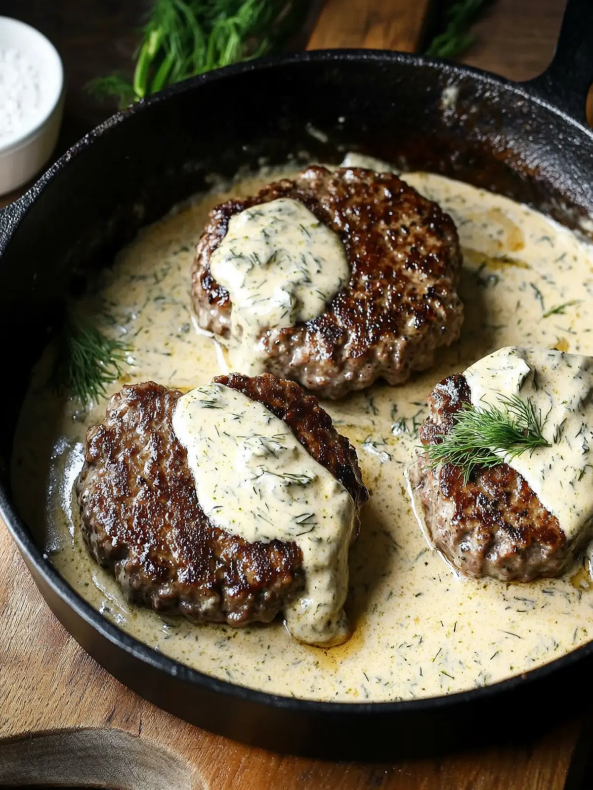 Savor Homemade Hamburger Steaks in Creamy Dill Sauce Today 3 Hamburger Steaks in Creamy Dill Sauce